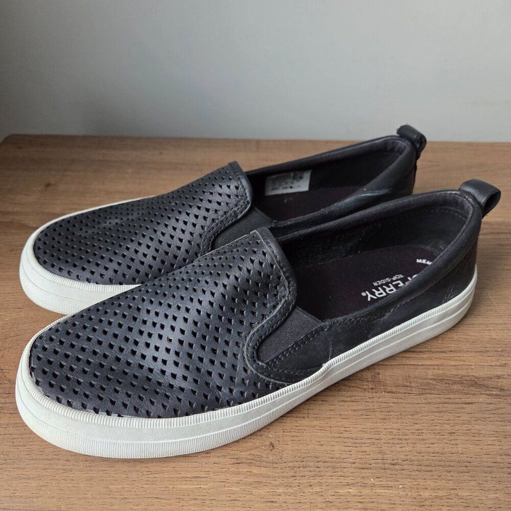 EUC SPERRY TOP SIDER BLACK GENUINE LEATHER UPPER PERFORATED SHOES SIZE 9 WOMENS